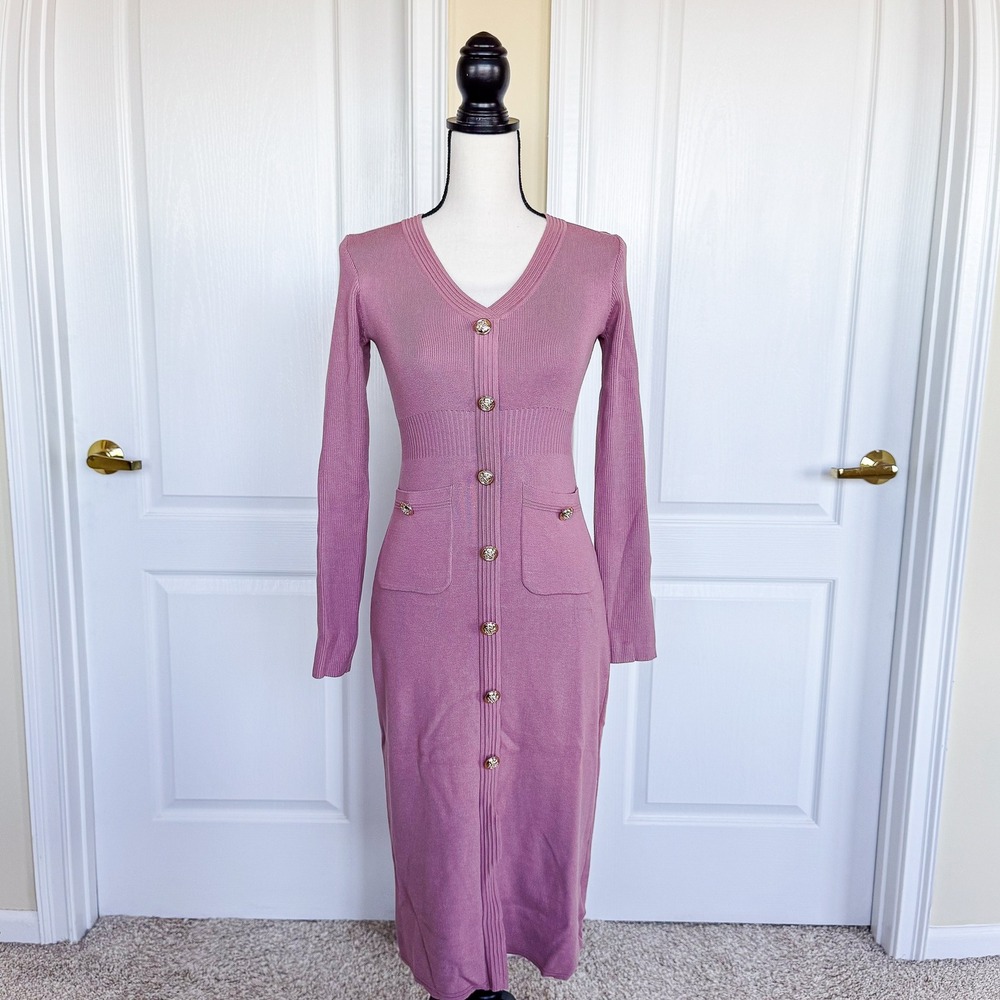 Women's Pink Ribbed Knit Button Front Midi Dress with Gold Detail Long Sleeve